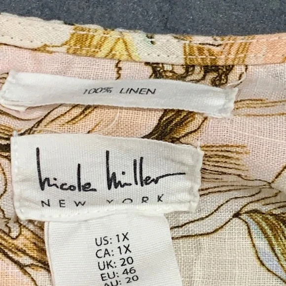 Nicole Miller New York 100% Linen Floral Button Up Tunic Blouse Cream Pink 1X - Picture 2 of 6